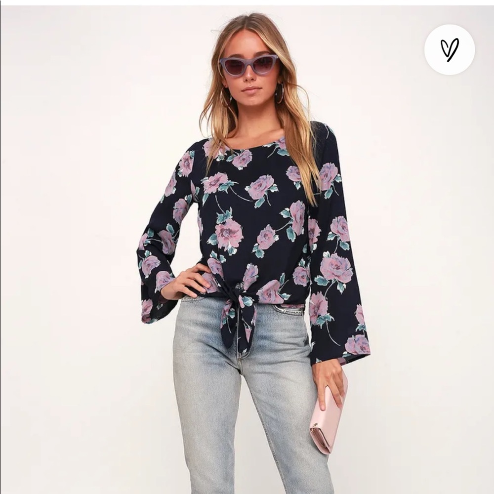 Lulus Navy Blue Floral Bell Sleeve Tie-Front Top